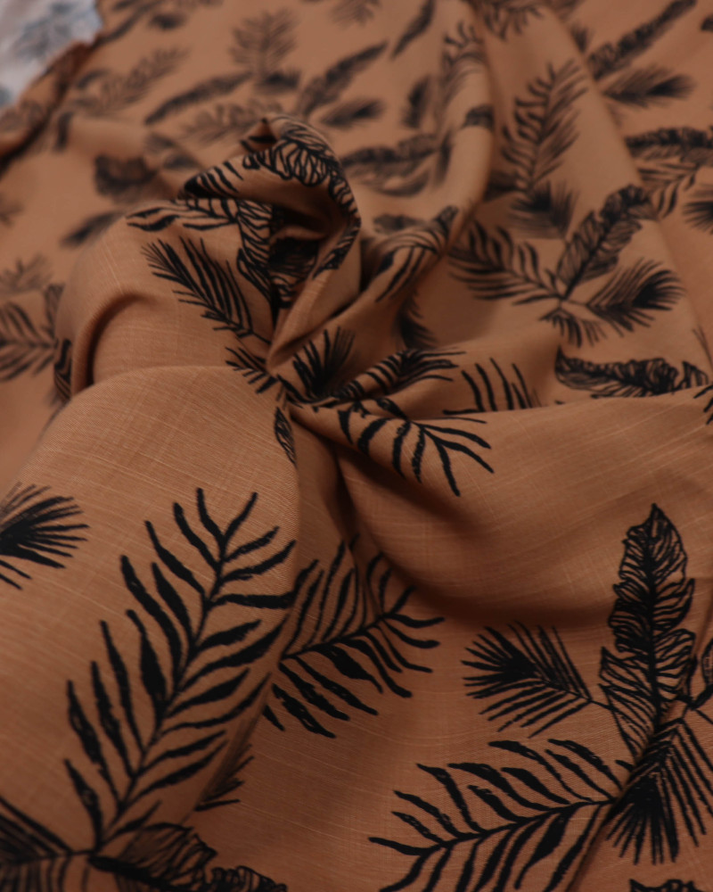 Tecido Viscose Texturizada Multi Folhagens Preto e Argila