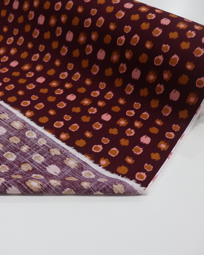 Tecido Viscose Texturizada Pontos Geométricos Caramelo, Rosa e Borgonha