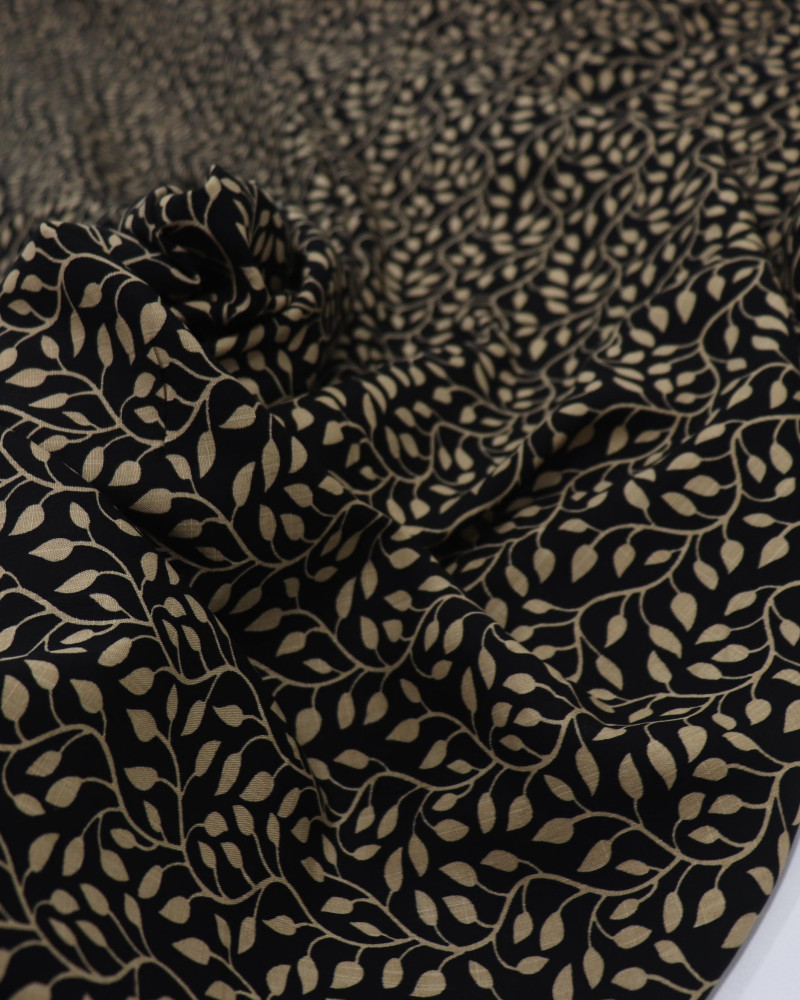 Tecido Viscose Texturizada Ramos Ondulados Bege e Preto