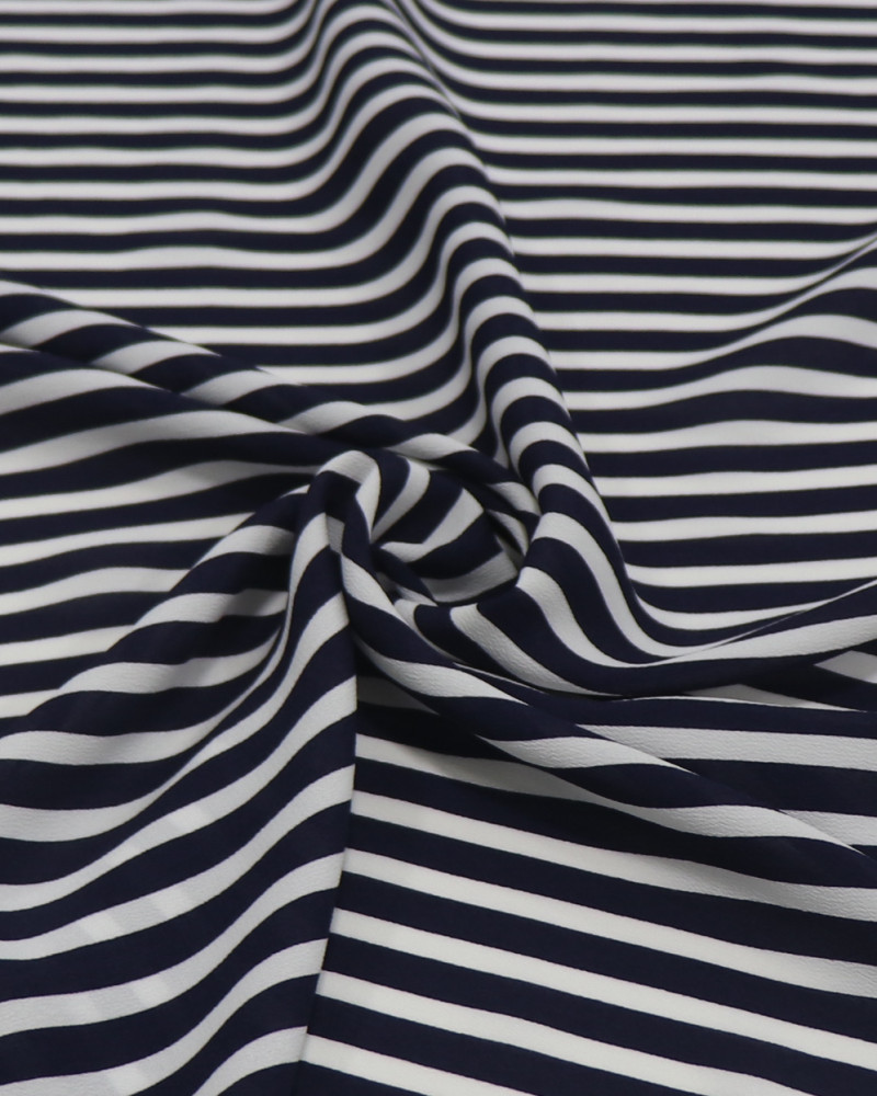 Tecido Crepe de Viscose Italiano Listras Azul Marinho Noite e Branco