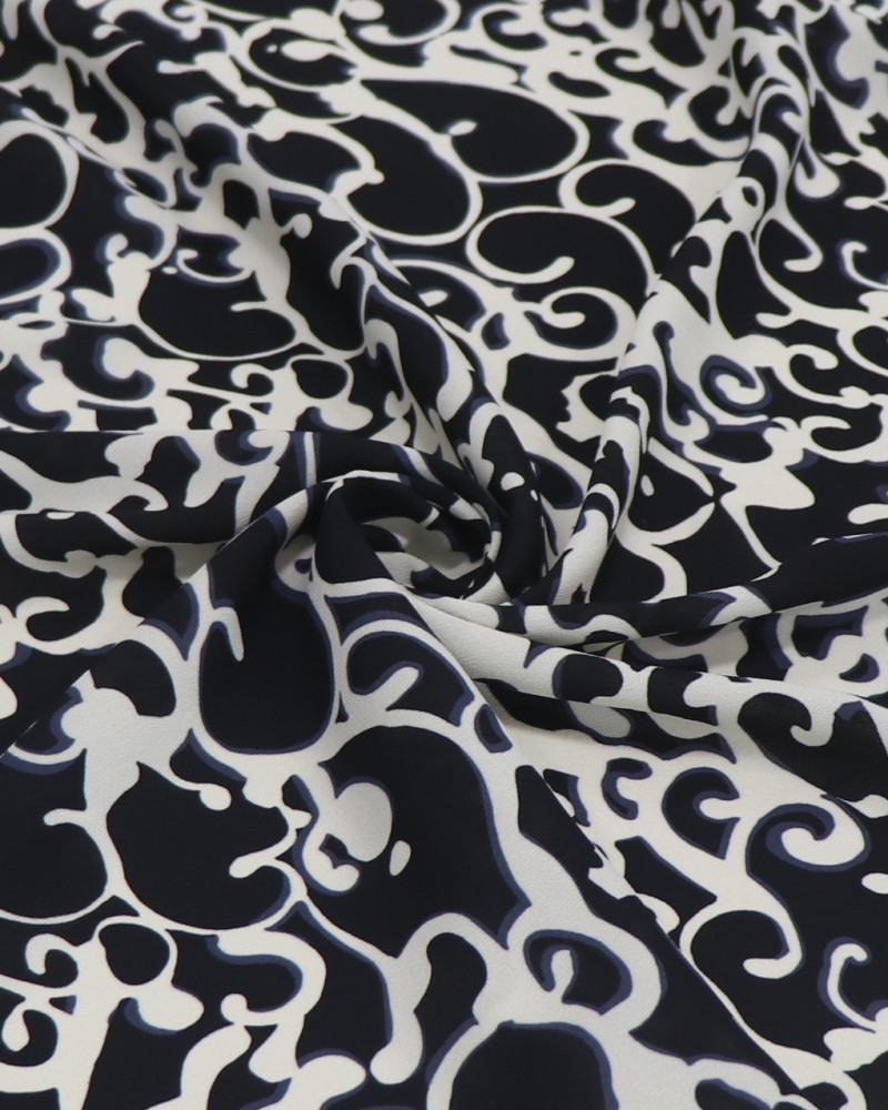 Tecido Crepe de Viscose Italiano Ondas Abstratas Preto e Creme