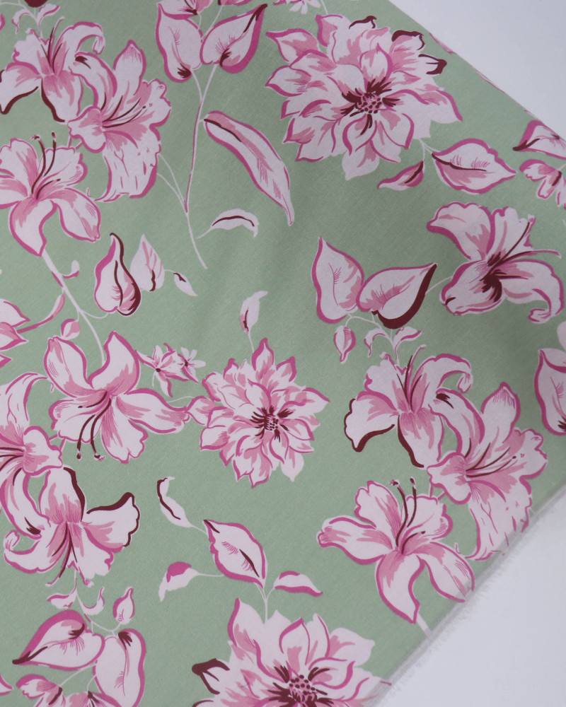 Tecido Linho Misto Macro Ramos Florais Rosa e Pistache (1.7m)