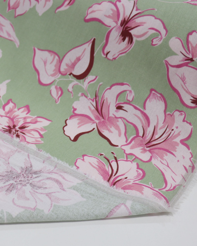 Tecido Linho Misto Macro Ramos Florais Rosa e Pistache (1.7m)