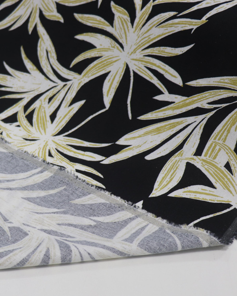 Tecido Linho Misto Macro Ramos Dourado, Branco e Preto (1.3m)