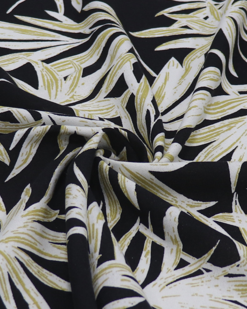 Tecido Linho Misto Macro Ramos Dourado, Branco e Preto (1.3m)