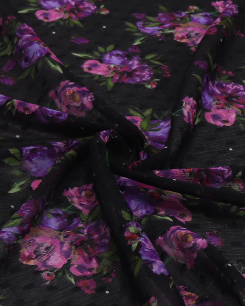 Tecido Crepe Chiffon Italiano Brocado Buquê Floral Tons de Lilás e Preto