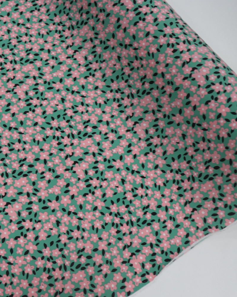 Tecido Viscose Liberty Rosa Chiclete, Preto e Verde Tifany