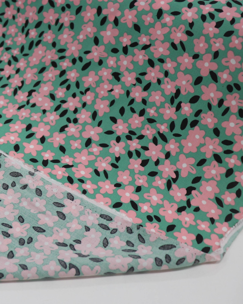 Tecido Viscose Liberty Rosa Chiclete, Preto e Verde Tifany