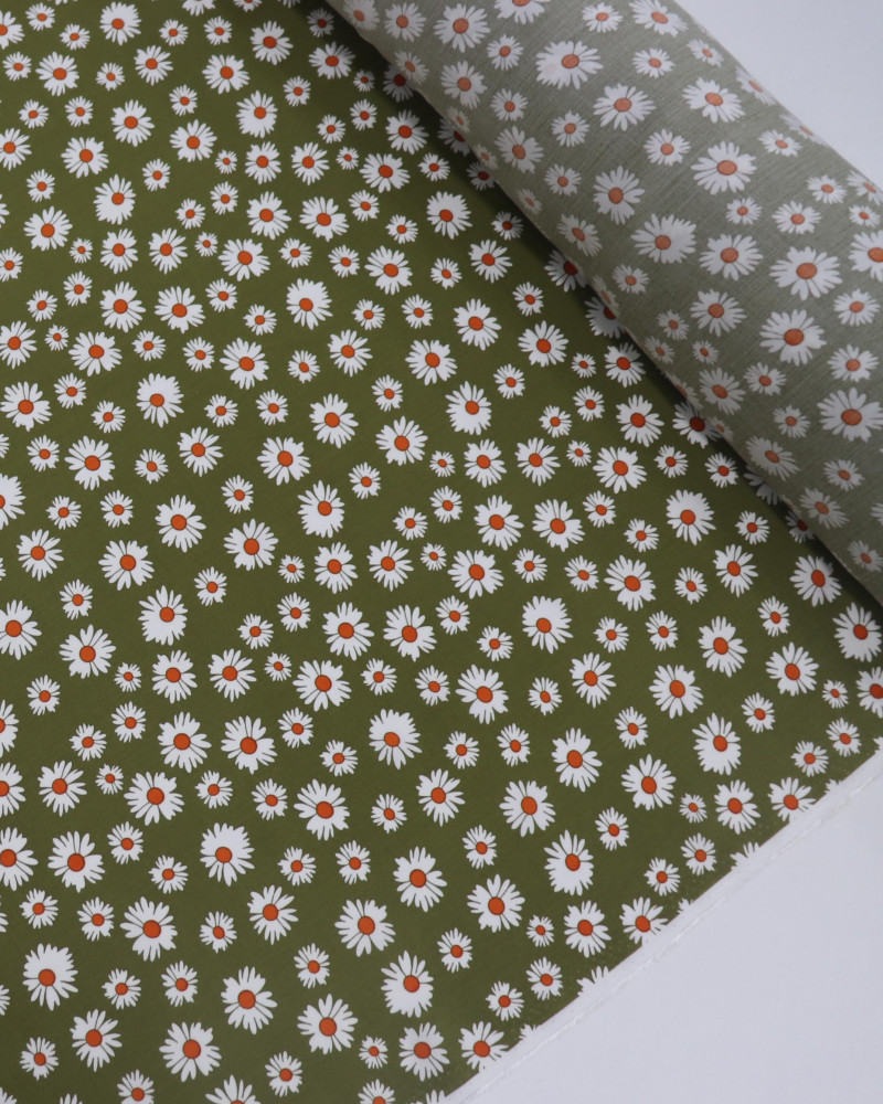 Tecido Viscose Multi Margaridas Branco e Verde Oliva