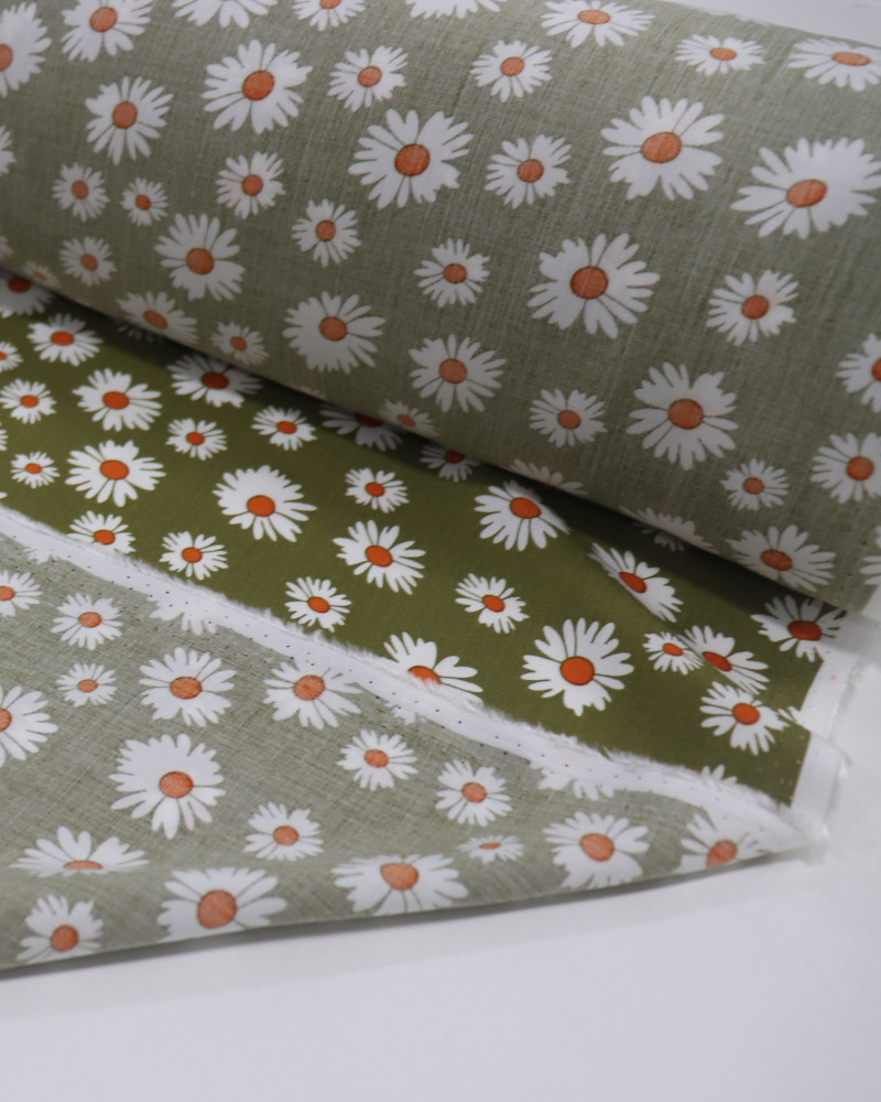 Tecido Viscose Multi Margaridas Branco e Verde Oliva