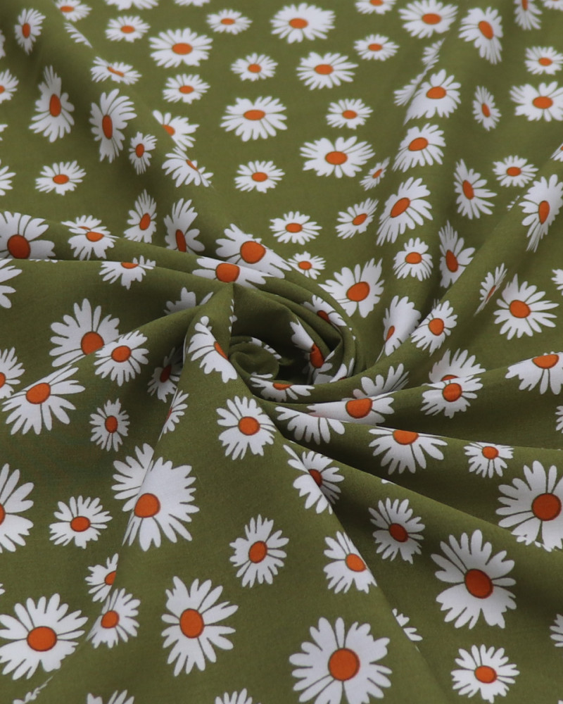 Tecido Viscose Multi Margaridas Branco e Verde Oliva