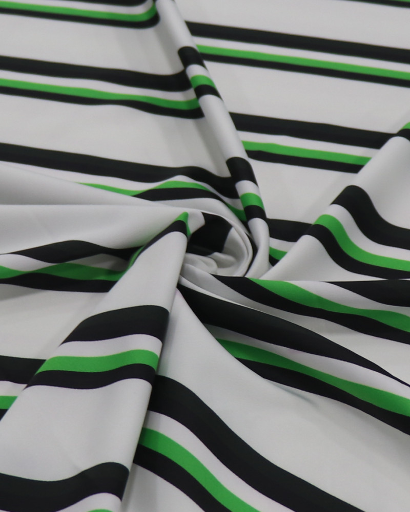 Tecido Crepe Silk Italiano Listras Diagonais Verde, Preto e Branco