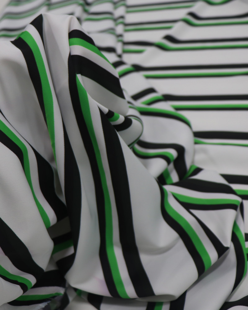 Tecido Crepe Silk Italiano Listras Diagonais Verde, Preto e Branco