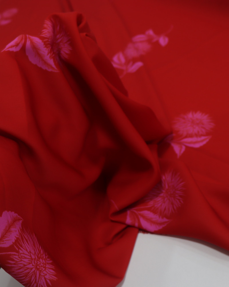 Tecido Crepe Silk Italiano Flor Rosa e Vermelho