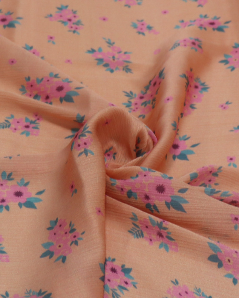 Tecido Crepe Chiffon Italiano Texturizado Buquê Floral Rosa, Verde e Laranja