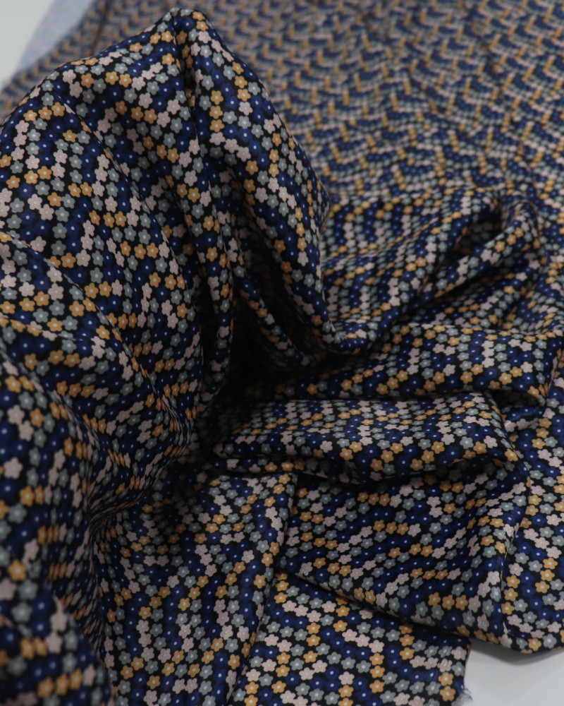 Tecido Crepe Silk Italiano Tapete Floral Cinza, Rosé, Amarelo e Azul