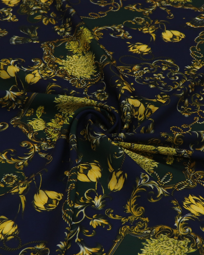 Tecido Crepe Silk Italiano Floral Boho Verde, Amarelo e Azul Marinho