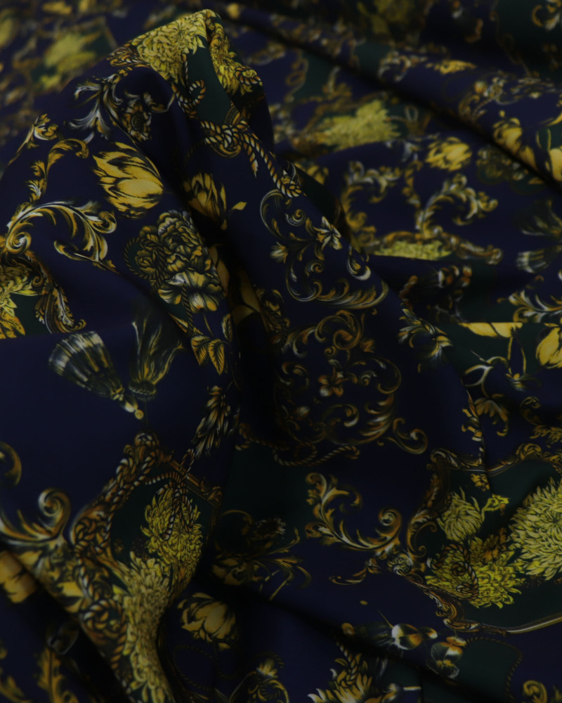 Tecido Crepe Silk Italiano Floral Boho Verde, Amarelo e Azul Marinho