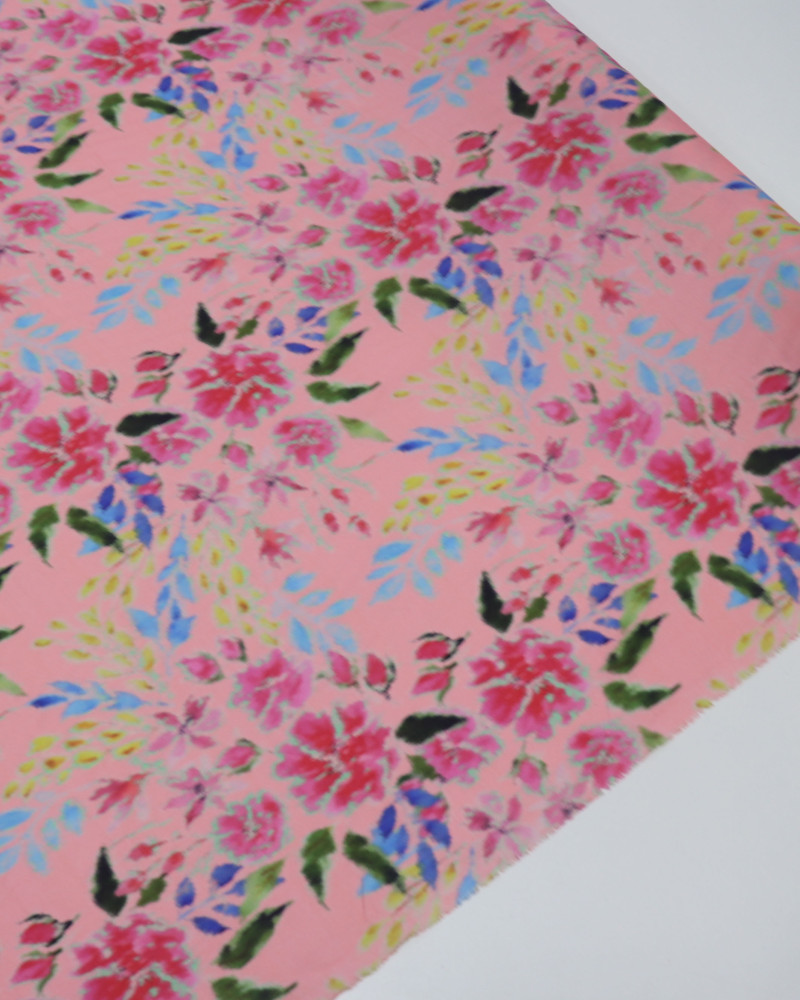 Tecido Crepe Silk Italiano Pintura Floral Abstrata Colorida e Rosa