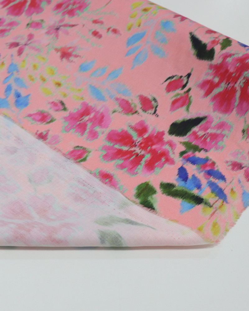 Tecido Crepe Silk Italiano Pintura Floral Abstrata Colorida e Rosa