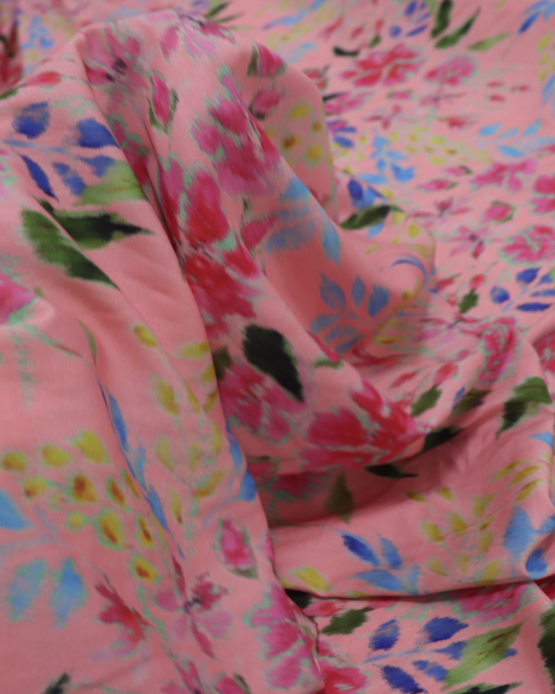 Tecido Crepe Silk Italiano Pintura Floral Abstrata Colorida e Rosa