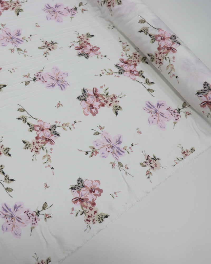 Tecido Viscose Sarjada Italiano Buquê Floral Tons de Rosa e Branco
