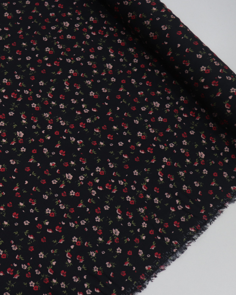 Tecido Viscose Sarjada Italiano Micro Flores Vermelho, Rosa e Preto