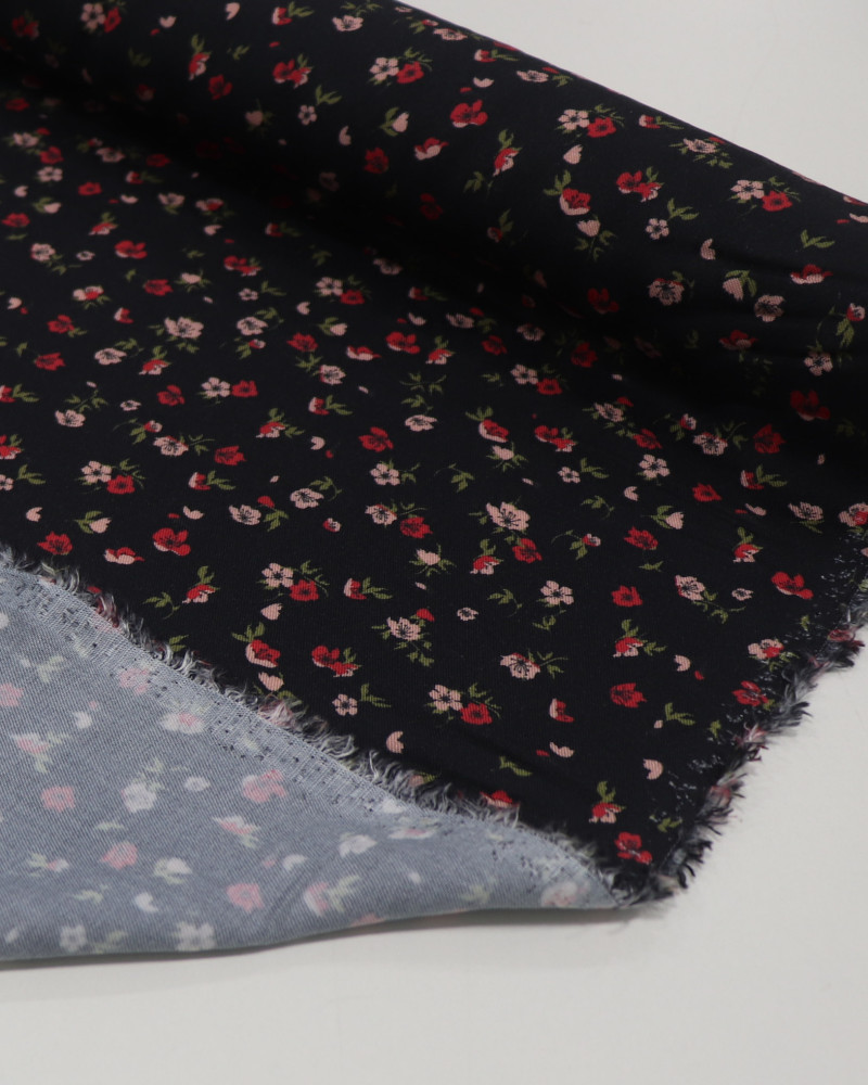 Tecido Viscose Sarjada Italiano Micro Flores Vermelho, Rosa e Preto