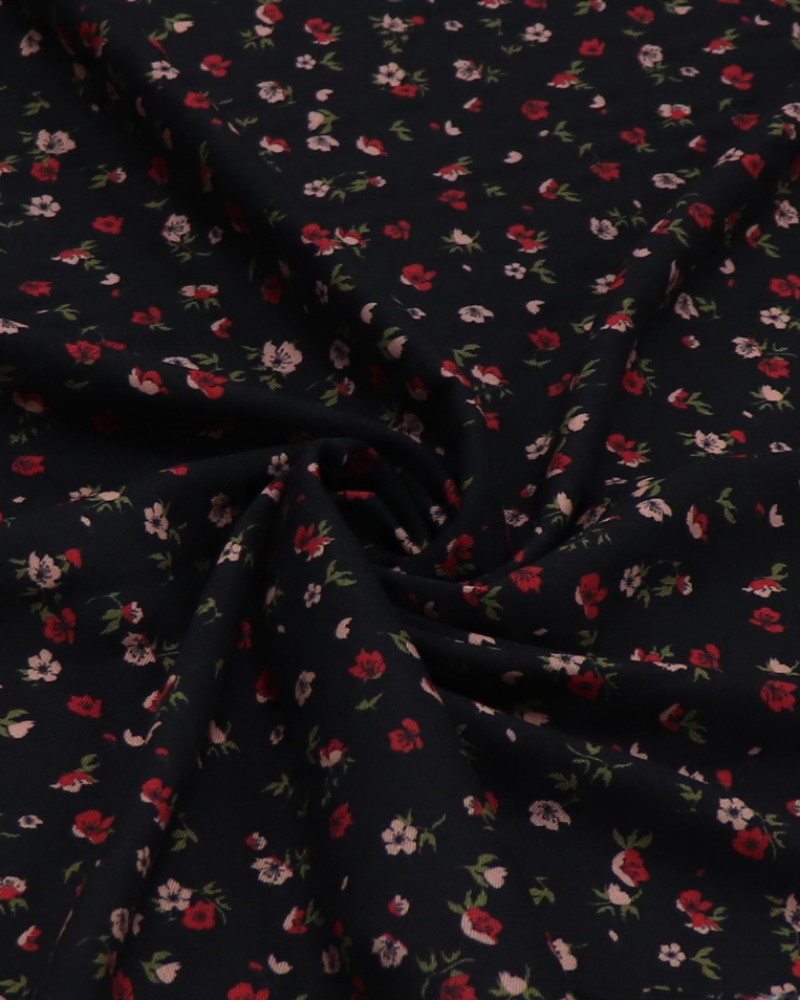 Tecido Viscose Sarjada Italiano Micro Flores Vermelho, Rosa e Preto