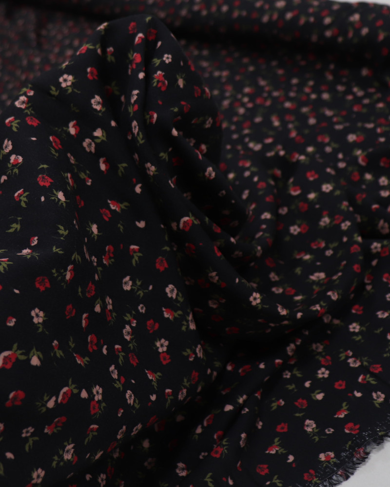 Tecido Viscose Sarjada Italiano Micro Flores Vermelho, Rosa e Preto
