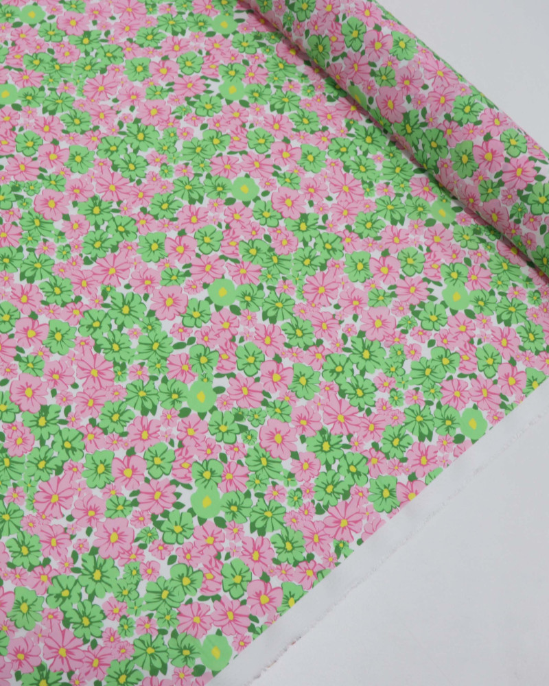Tecido Crepe de Viscose Italiano Tapete Floral Verde, Rosa e Branco