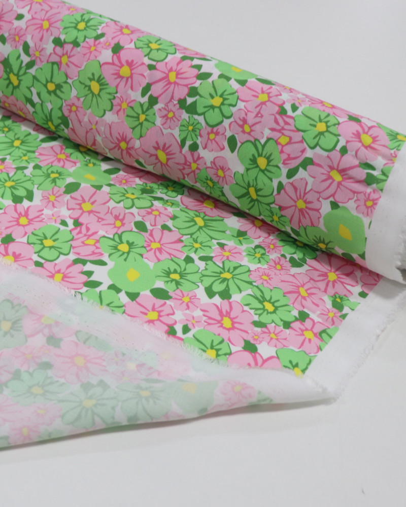Tecido Crepe de Viscose Italiano Tapete Floral Verde, Rosa e Branco