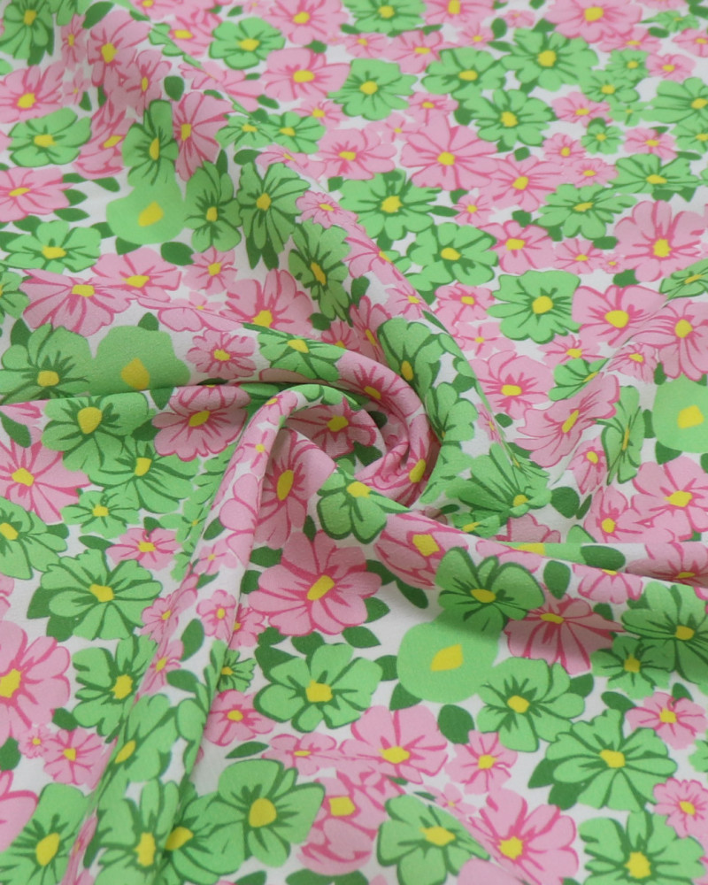 Tecido Crepe de Viscose Italiano Tapete Floral Verde, Rosa e Branco
