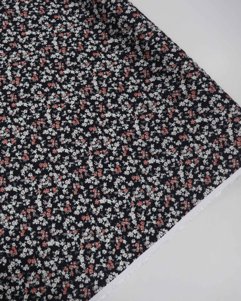 Tecido Viscose Sarjada Italiano Micro Tapete Floral Colorido e Preto