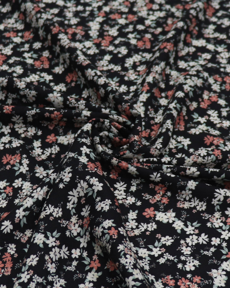 Tecido Viscose Sarjada Italiano Micro Tapete Floral Colorido e Preto