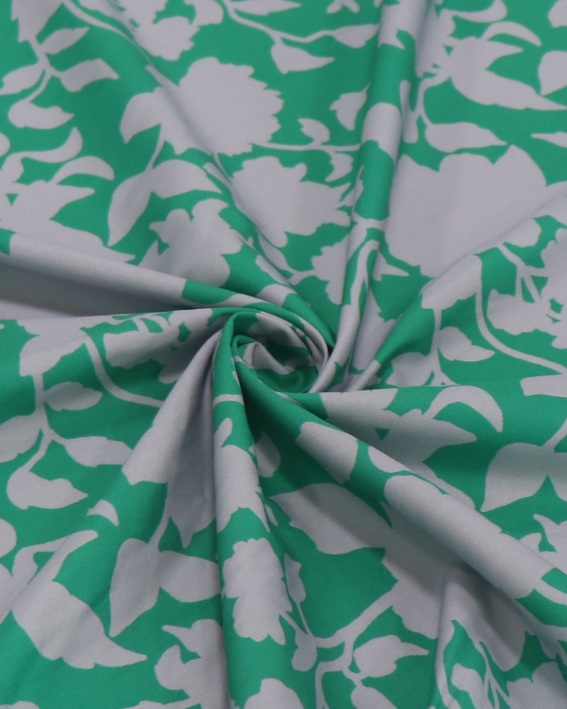 Tecido Viscose Italiano Ramos Florais Abstratos Cinza e Verde
