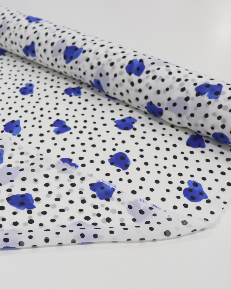 Tecido Crepe Chiffon Italiano Micro Poá e Pingos Irregulares Azul, Preto e Branco