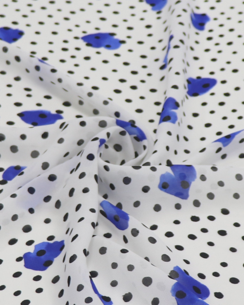 Tecido Crepe Chiffon Italiano Micro Poá e Pingos Irregulares Azul, Preto e Branco