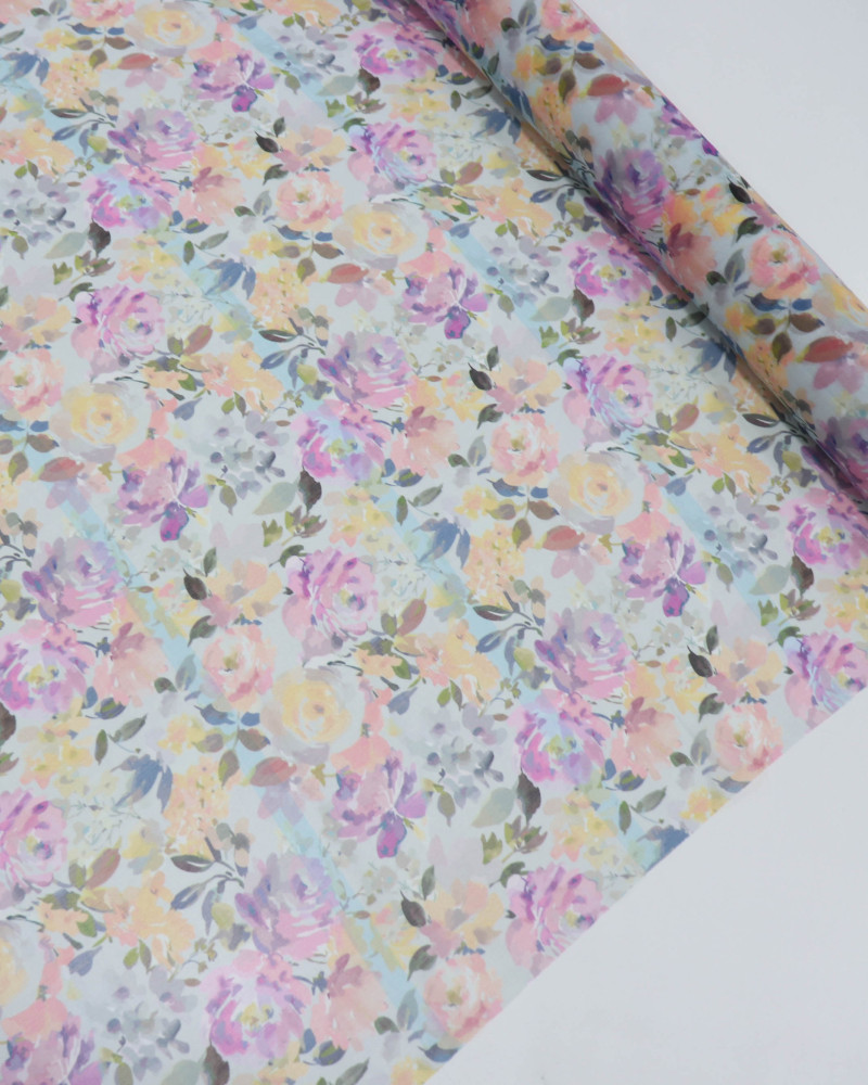 Tecido Crepe Chiffon Italiano Monet Floral e Listras Verticais Colorido e Tons de Azul