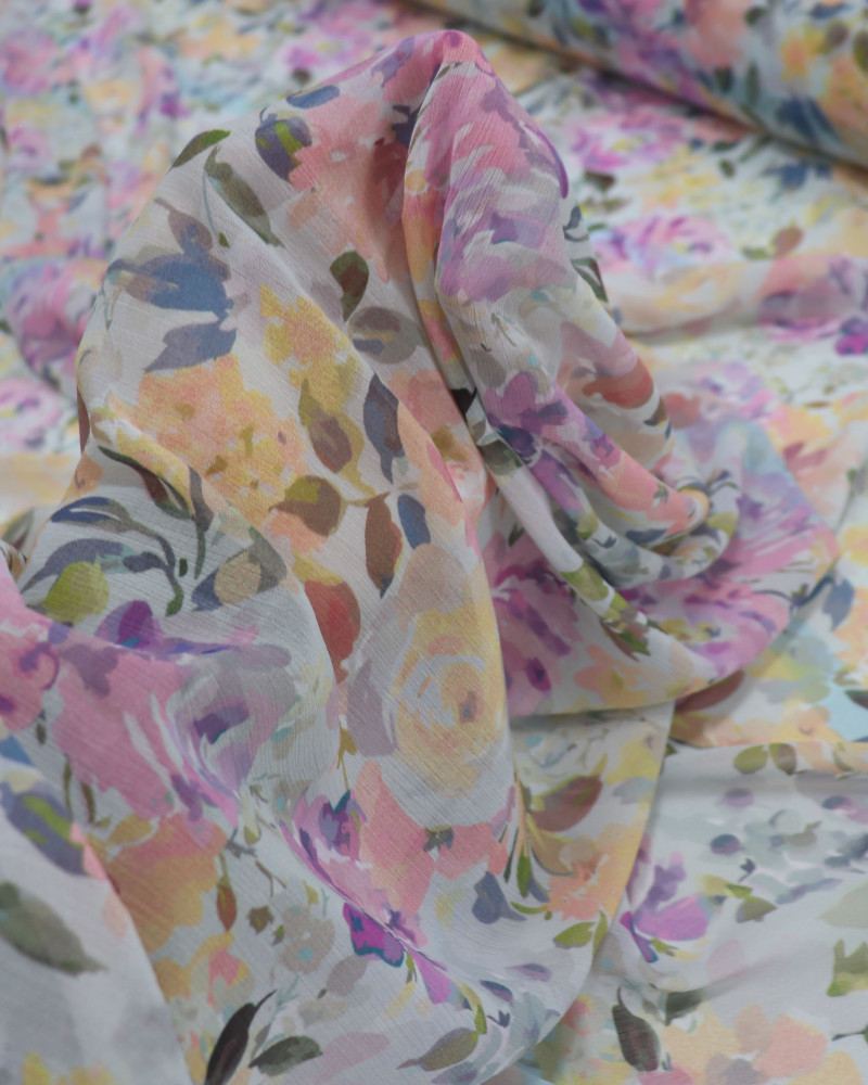 Tecido Crepe Chiffon Italiano Monet Floral e Listras Verticais Colorido e Tons de Azul