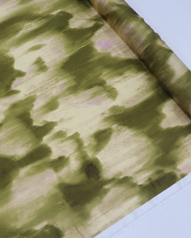 Tecido Viscose Acetinada Italiano Pintura Abstratas Verde Oliva e Bege
