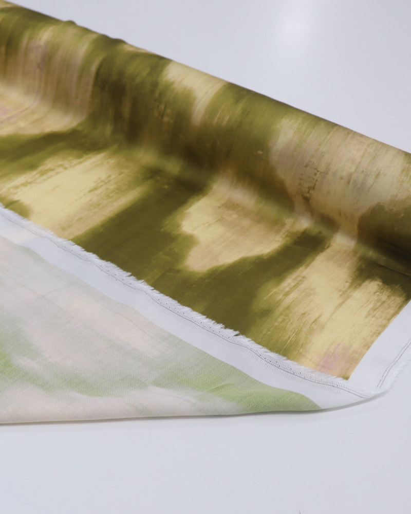 Tecido Viscose Acetinada Italiano Pintura Abstratas Verde Oliva e Bege