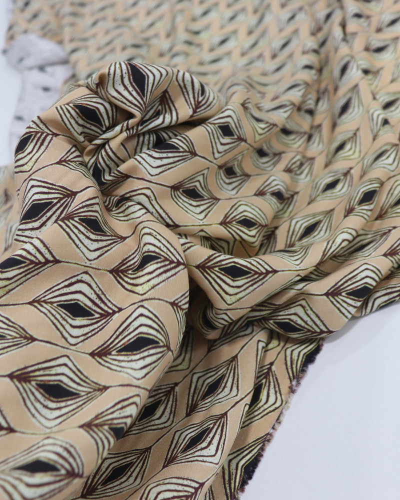 Tecido Viscose Italiano Micro Estampa Étnica Preto e Bege