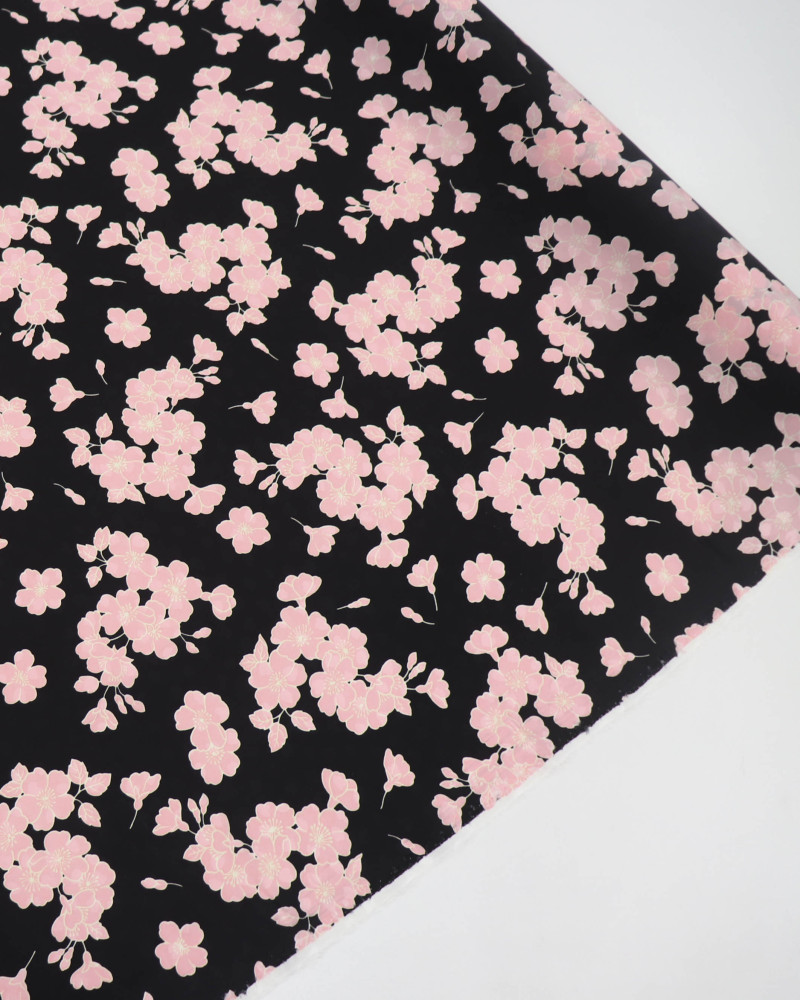 Tecido Crepe Acetinado Italiano Brocado Flor de Cerejeira Rosa e Preto