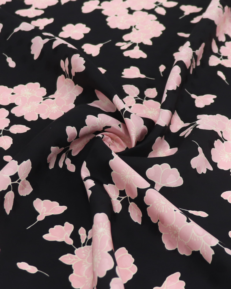 Tecido Crepe Acetinado Italiano Brocado Flor de Cerejeira Rosa e Preto
