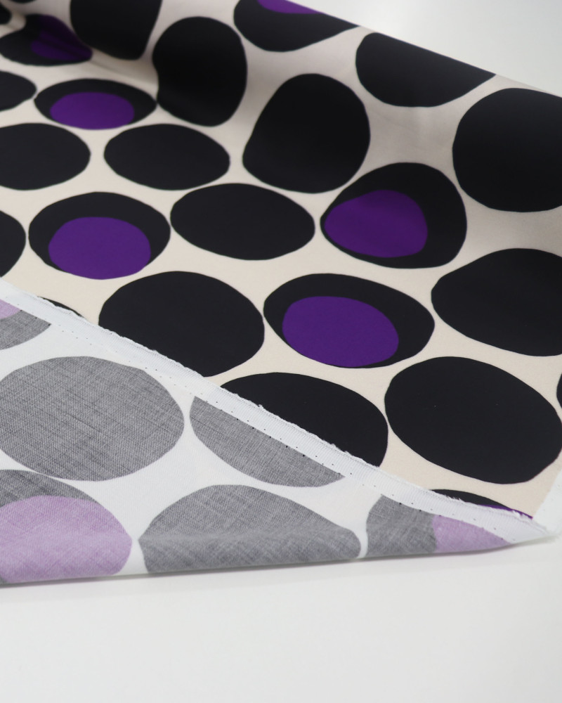 Tecido Viscose Acetinada Italiano Macro Poá Roxo, Preto e Creme