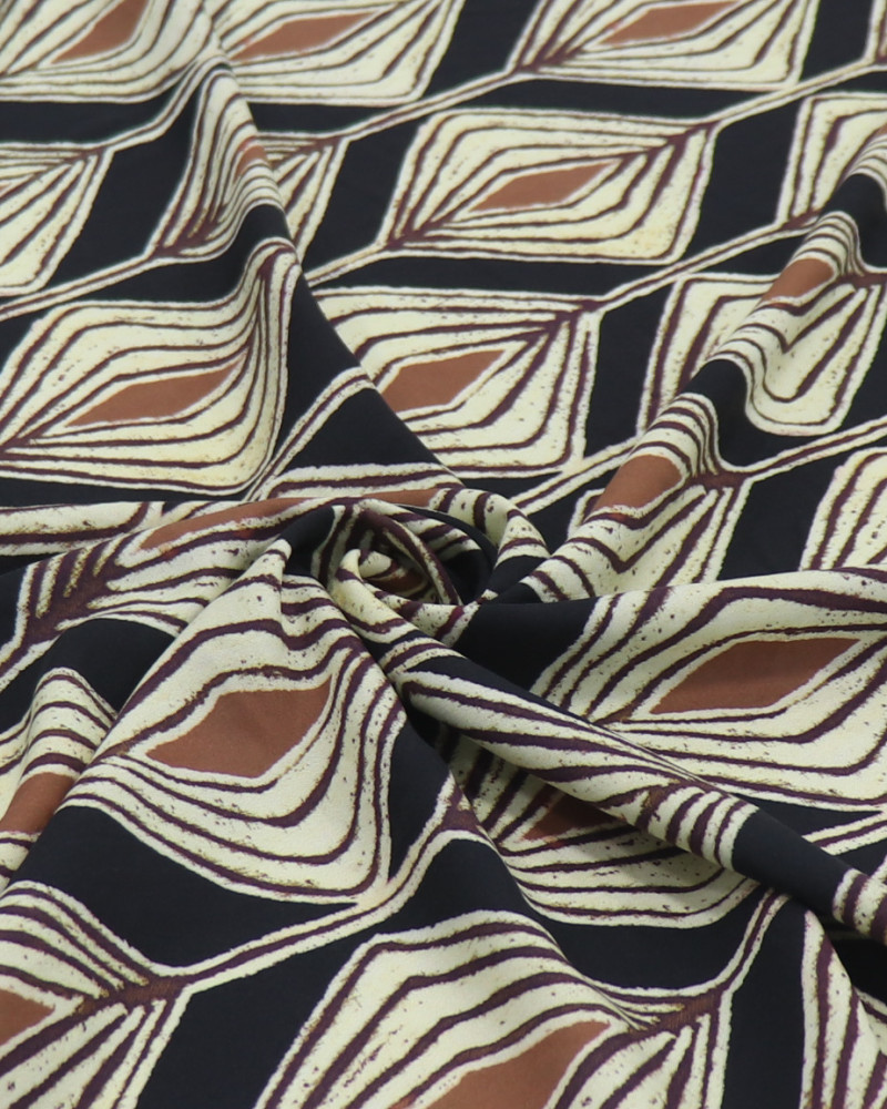 Tecido Viscose Italiano Estampa Étnica Marrom, Amarelo e Preto