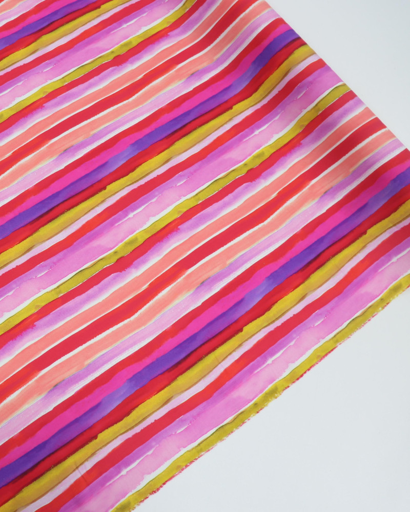 Tecido Viscose Italiano Listras em Aquarela Amarelo, Vermelho e Tons de Rosa