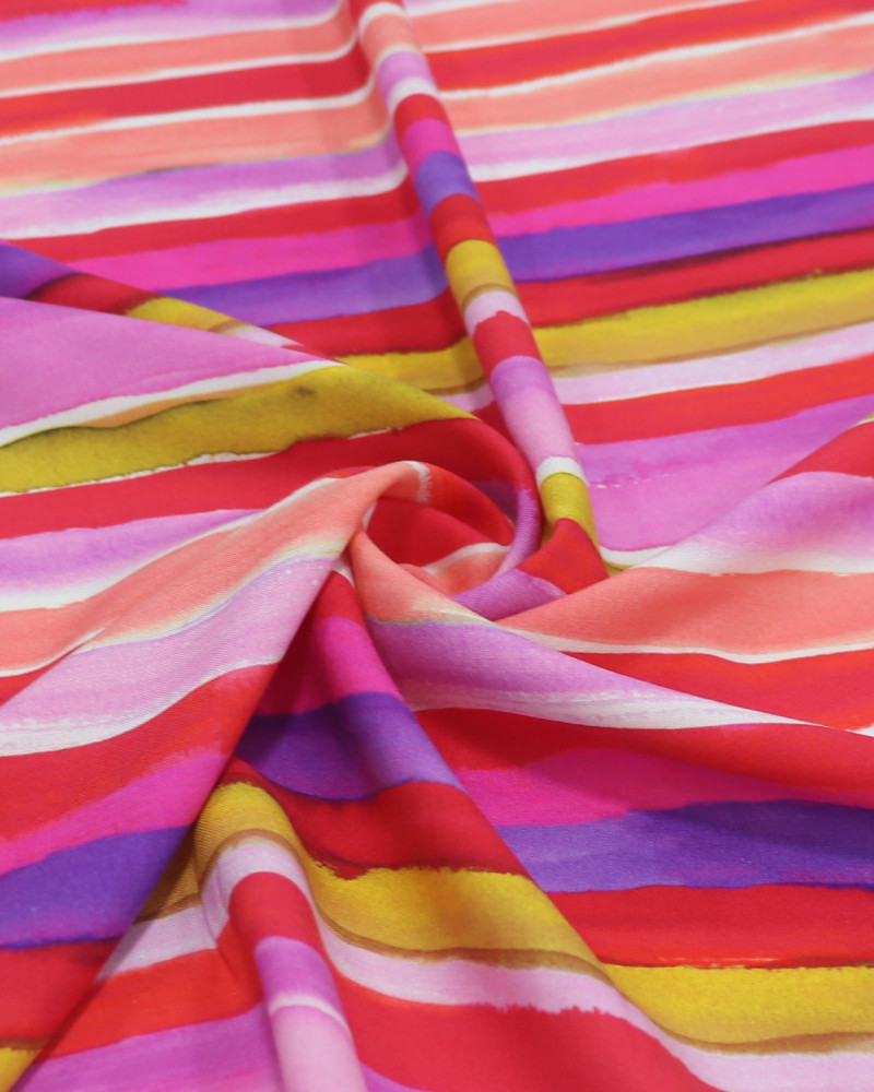 Tecido Viscose Italiano Listras em Aquarela Amarelo, Vermelho e Tons de Rosa