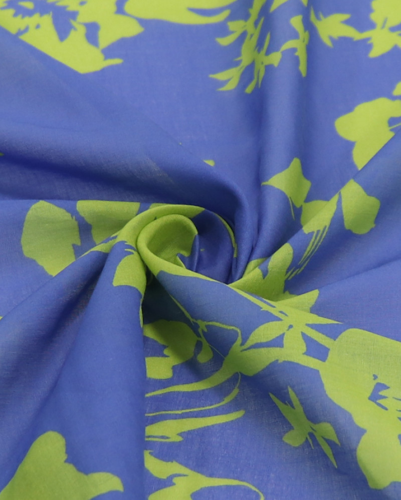 Tecido Viscose Italiano Estampa Floral Verde Neon e Azul